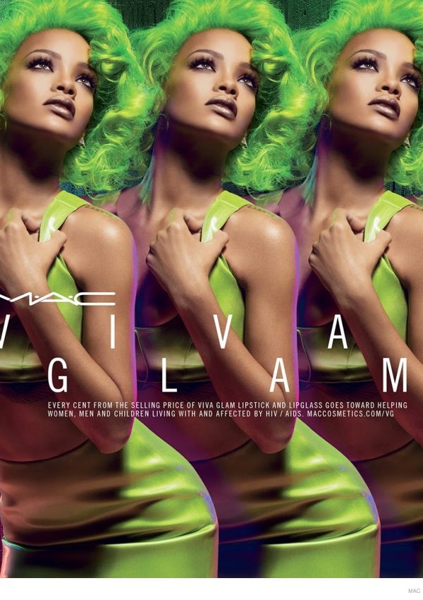 Rihanna in green hair for the MAC Viva Glam Fall 2014 Campaign