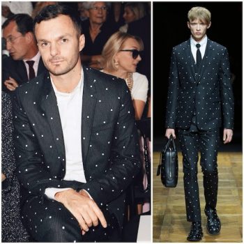 Kris-Van-Assche-wears-Dior-Homme-Fall-Winter-2014-polka-dot-embroidered-suit-to-Christian-Dior-Spring-Summer-2015-show