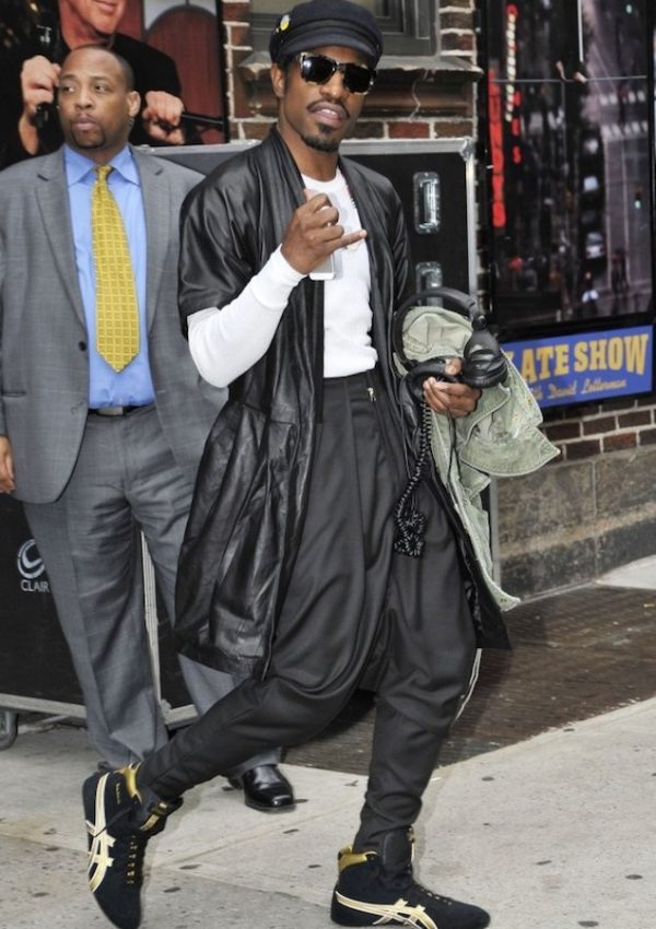 Andre 3000 Benjamin Wears Leather Coat and Asics Gable Classic Sneakers on Letterman