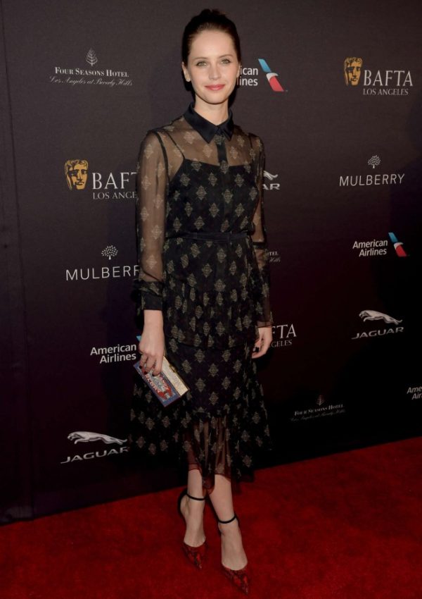 Felicity Jones  wears  Erdem at the 2015 BAFTA LA Tea Party