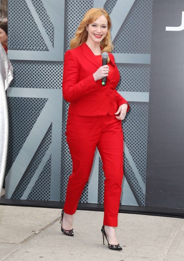 Christina Hendricks  in red suit at Jaguar event