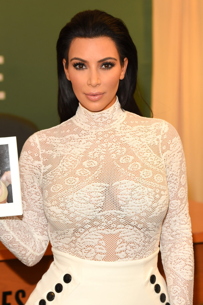 Kim-Kardashians-Selfish-Book-Signing-Christian-Dior-Lacy-Bodysuit-White-Pencil-Skirt-and-Celine-Black-Sandals1-665x1000
