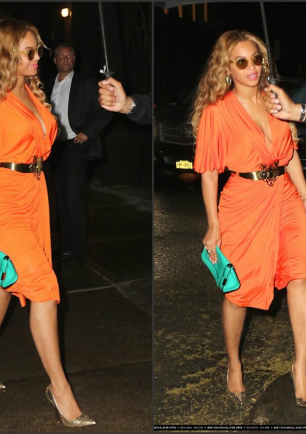 Beyonce in  New York City  rocking a Orange Draped Dress