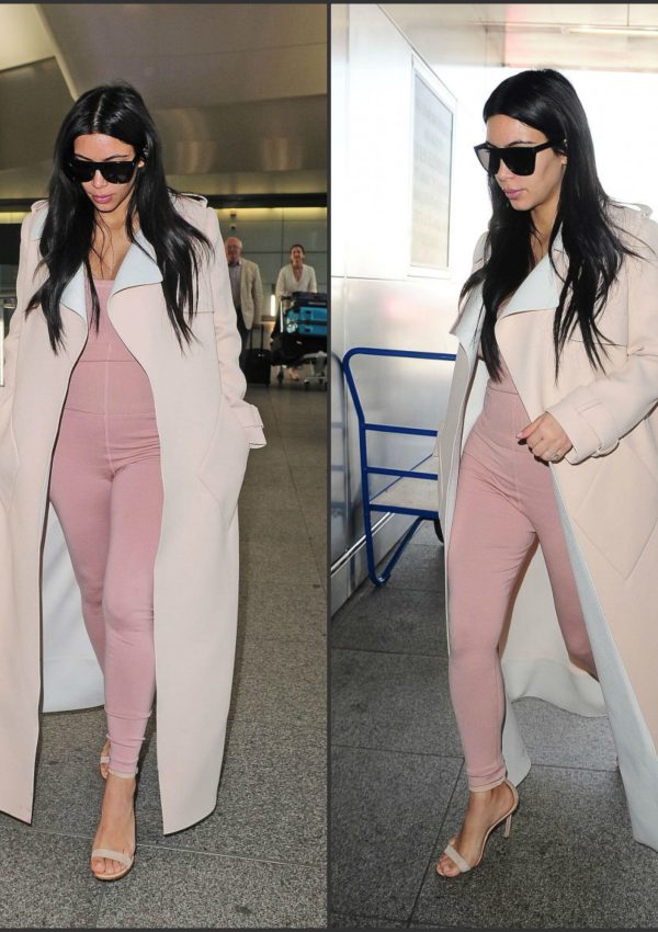 Kim Kardashian  in Balenciaga  – Arriving at Heathrow airport in London