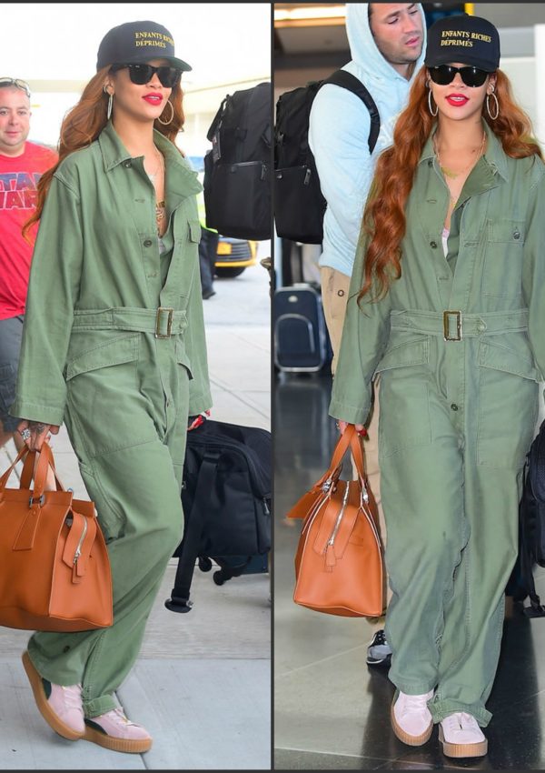 Rihanna  in  in vintage jumpsuit Jfk airport