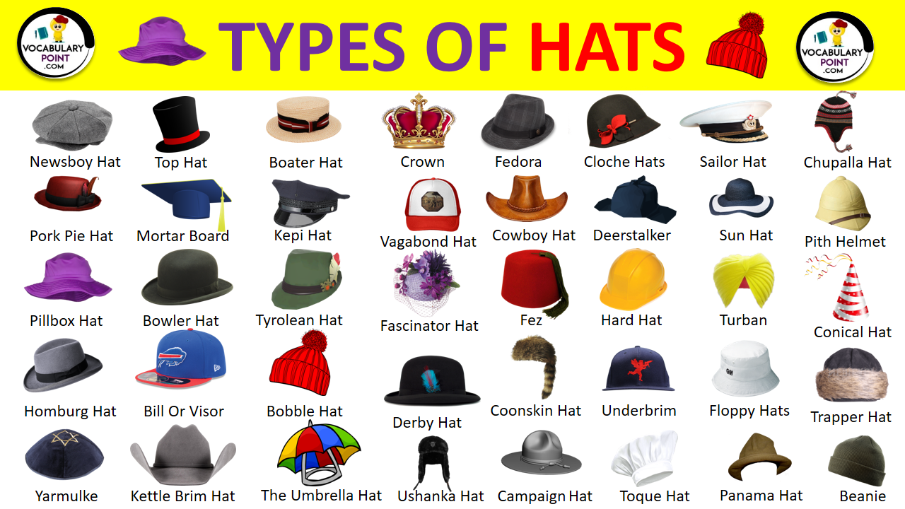 Quick visual glance to different types of hats and caps
