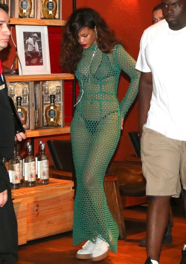 Rihanna in Green Mesh Dress in Rio de Janeiro