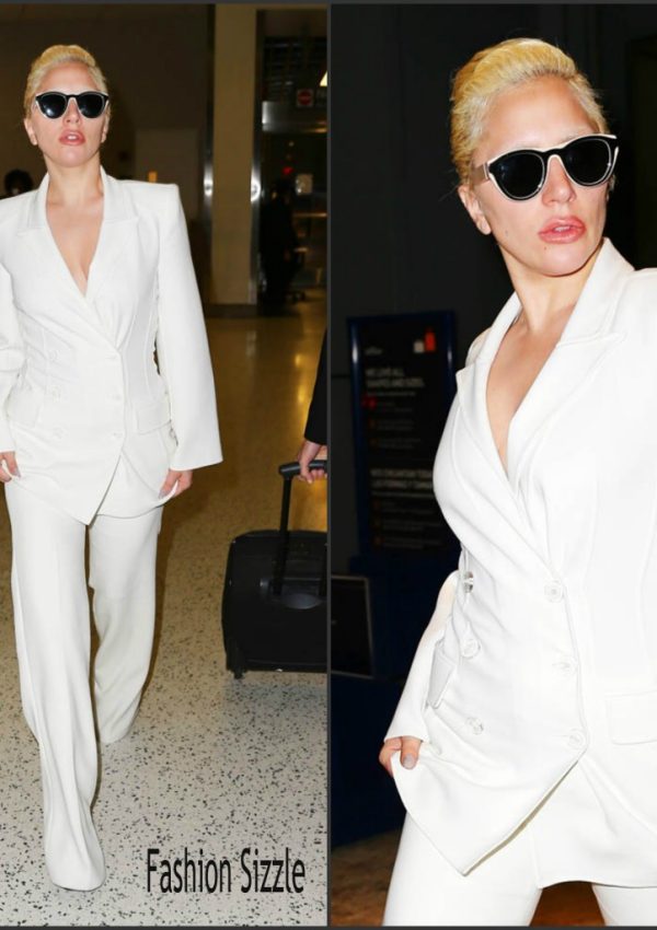 Lady Gaga   in white  suit  –  JFK Airport New York