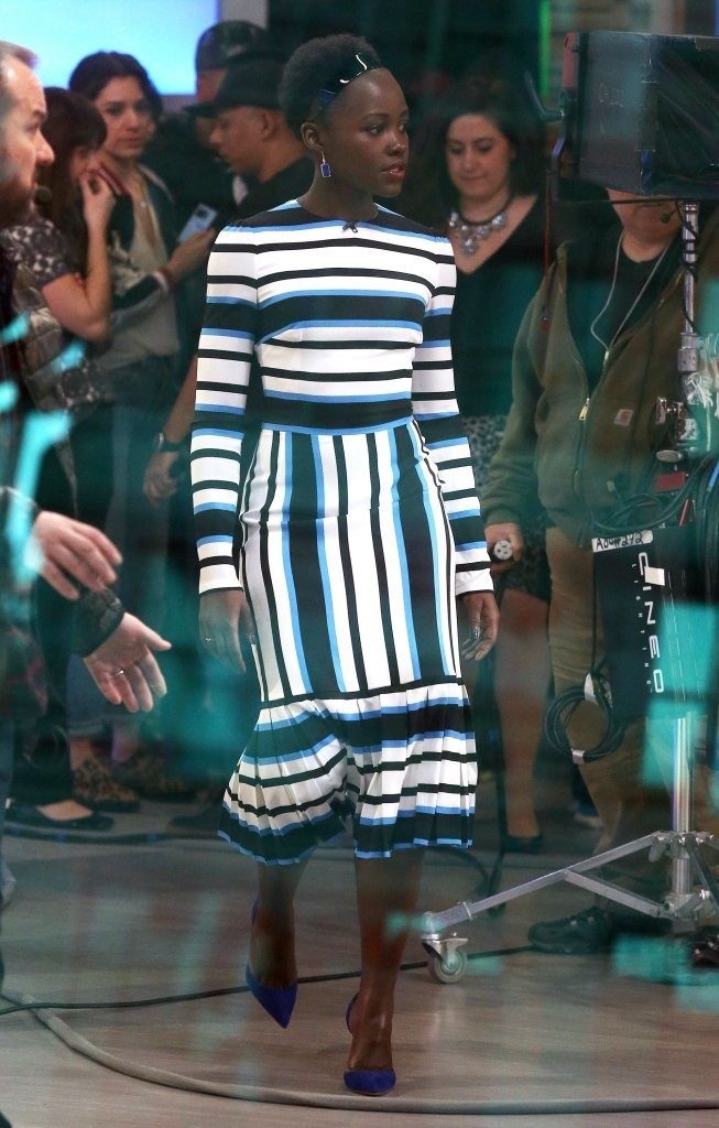 Lupita-Nyongo-Good-Morning-America-Blue-Black-and-White-Striped-Custom-Dolce-and-Gabbana-Midi-Dress-3