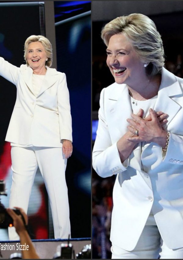 Hillary Clinton in a white pantsuit at the 2016 Democratic National Convention