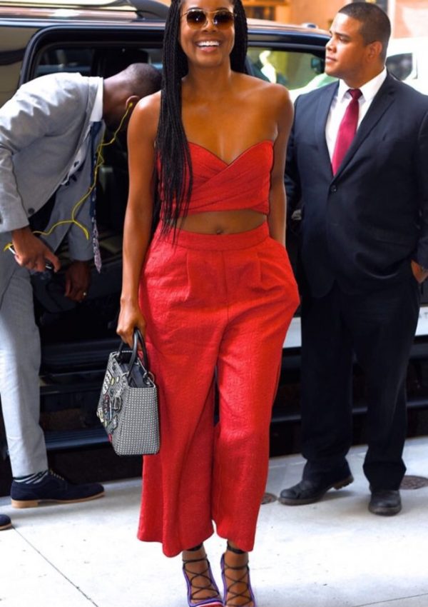 Gabrielle Union in red jumpsuit in New York
