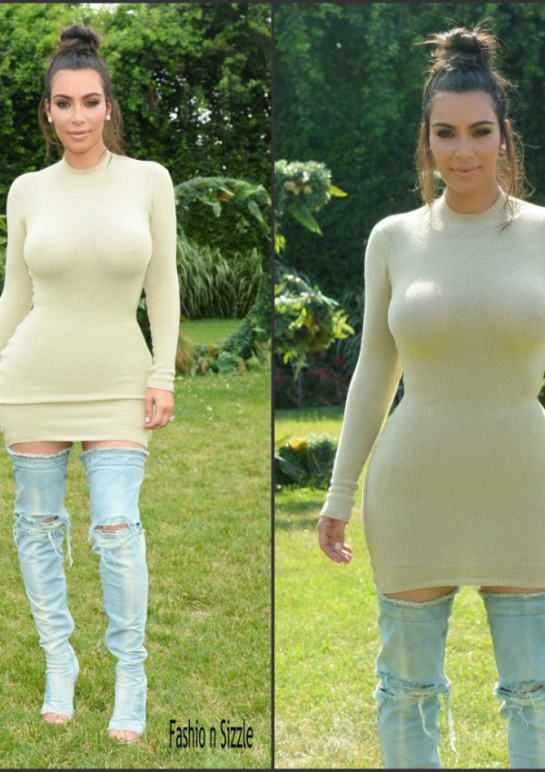Kim Kardashian  in Trois  dress at  the Revolve Clothing Hampton House Summer Party