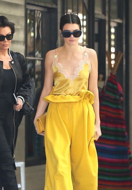 Kendall Jenner Wears Yellow Gucci Camisole and Kendall and Kylie Paperbag  Sweatpants