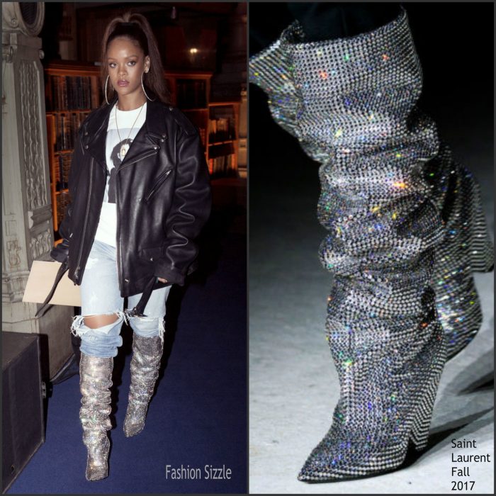 Rihanna In Saint Laurent  Fall 2017 Glitter Boots – Out In Paris