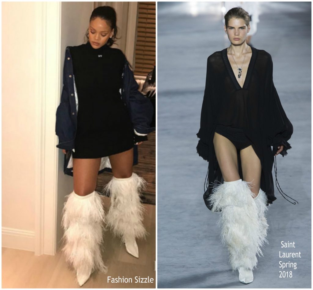 Rihanna In  Saint Laurent’s Spring 2018 Feather Boots