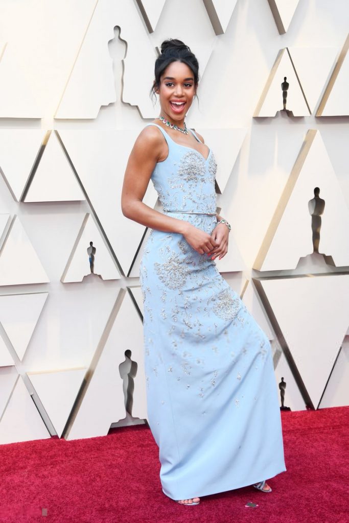 Laura Harrier Wore a Perfect Slip Dress With Slides and a Louis Vuitton Bag