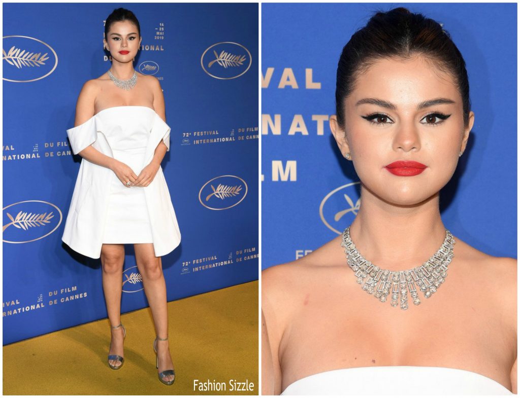 Selena Gomez Louis Vuitton dress, Bulgari necklace and ring attends the  opening ceremony and screening of The Dead Don't Die during the 72nd  annual Cannes Film Festival on May 14, 2019 in