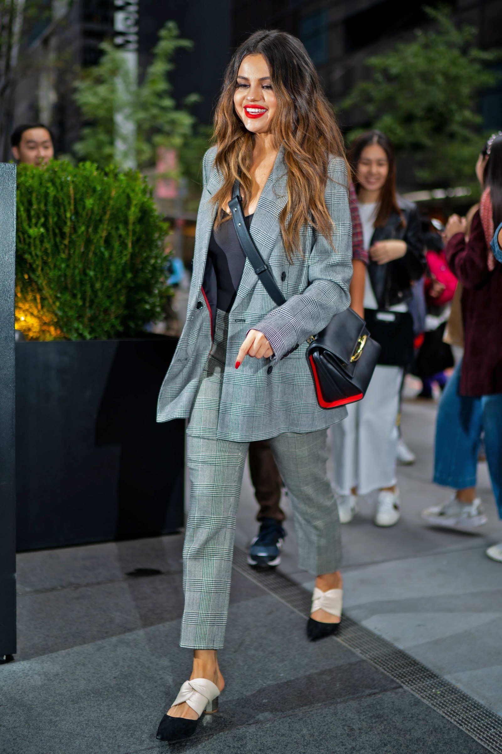 Selena Gomez In  Checkered  Frame Suit  Arriving to iheart radio  In New York