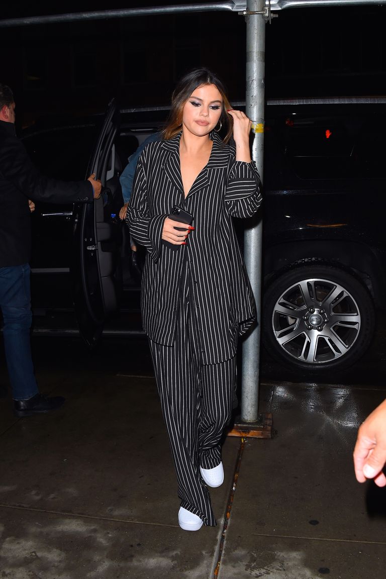 Selena Gomez in  Pinstripe  LeSet  Pajama Suit  Out to Dinner In New York