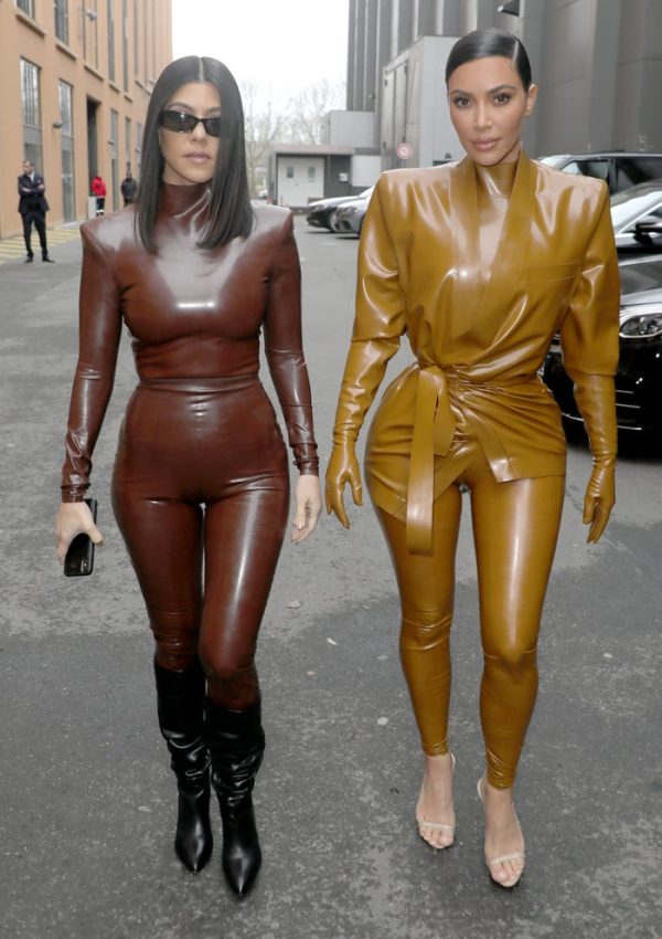 Kim  & Kourtney Kardashian In  Latex Balmain Ensemble During Fashion Week in Paris