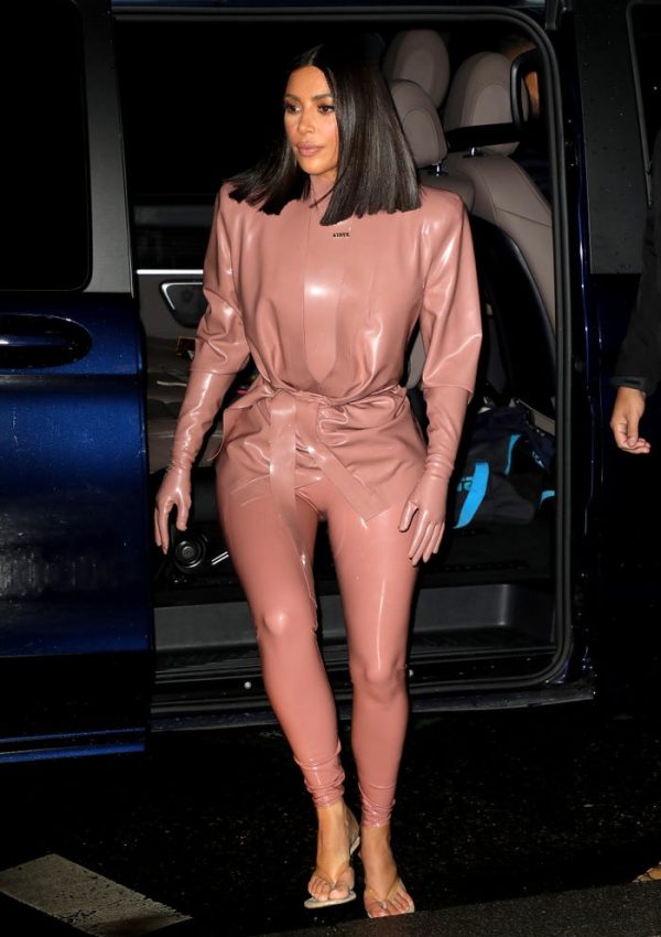 Kim Kardashian in  Balmain Latex  Outfit Out In Paris