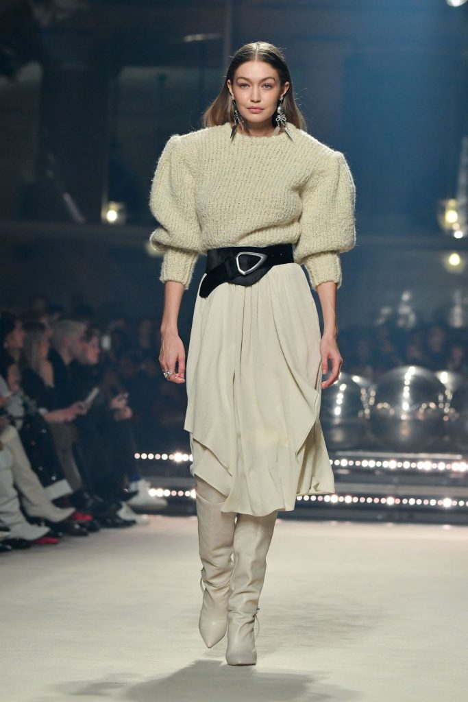 Model Gigi Hadid walks on the runway at the Prada fashion show during Fall  / Winter 2020 /