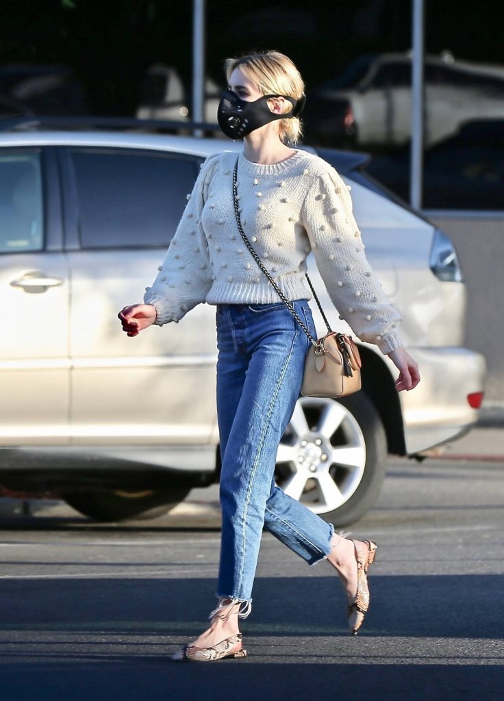 Emma Roberts In Aidy Pompom Dot Sweater Grocery Shopping In La