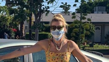 busy-philipps-in-floral-hvn-dress-mask-social-distancing