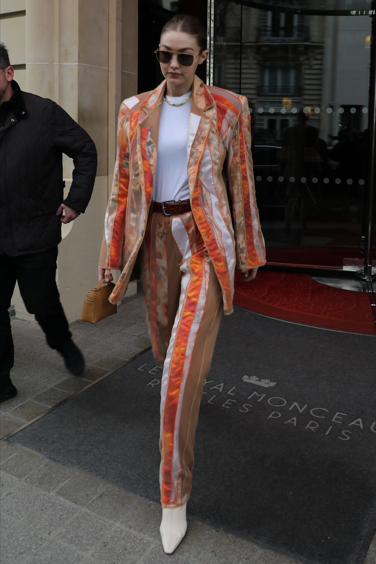 Gigi Hadid  In Printed Suited  Leaving  the Royal Monceau Hotel in Paris