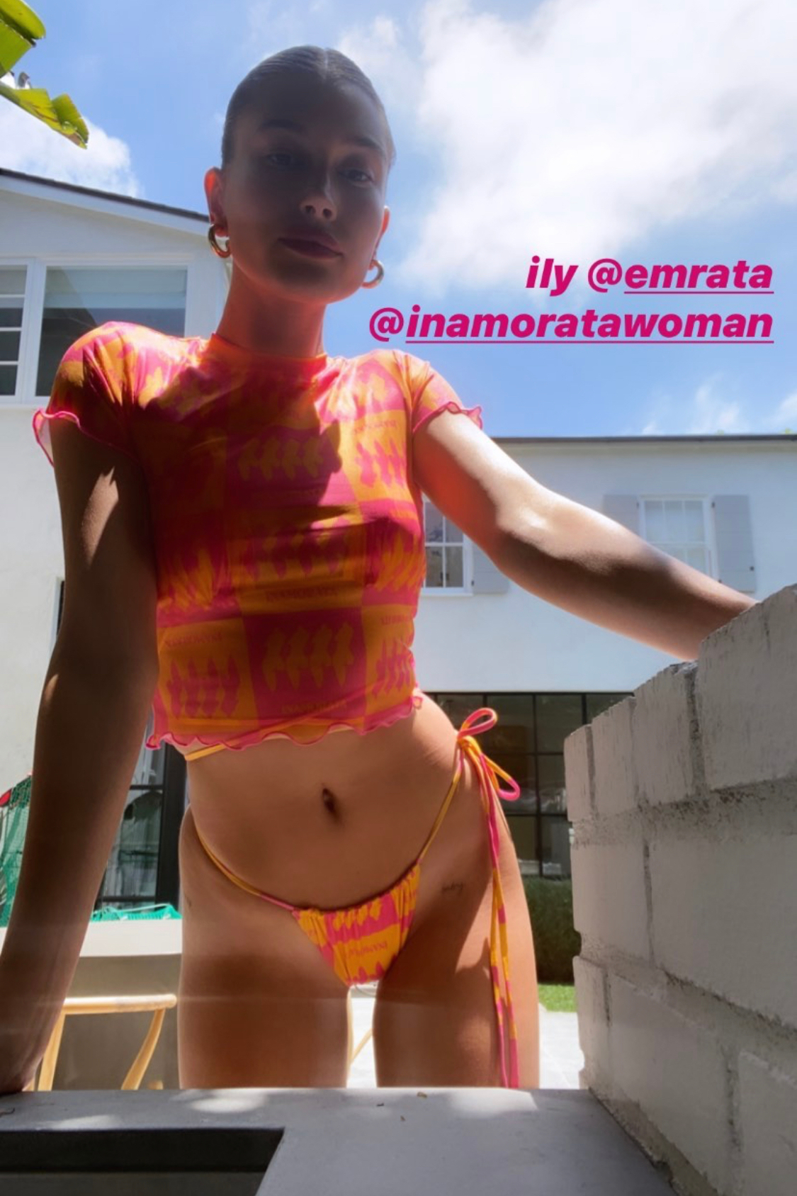 Hailey Bieber Printed Swimsuit @ Instagram Story July 26, 2020