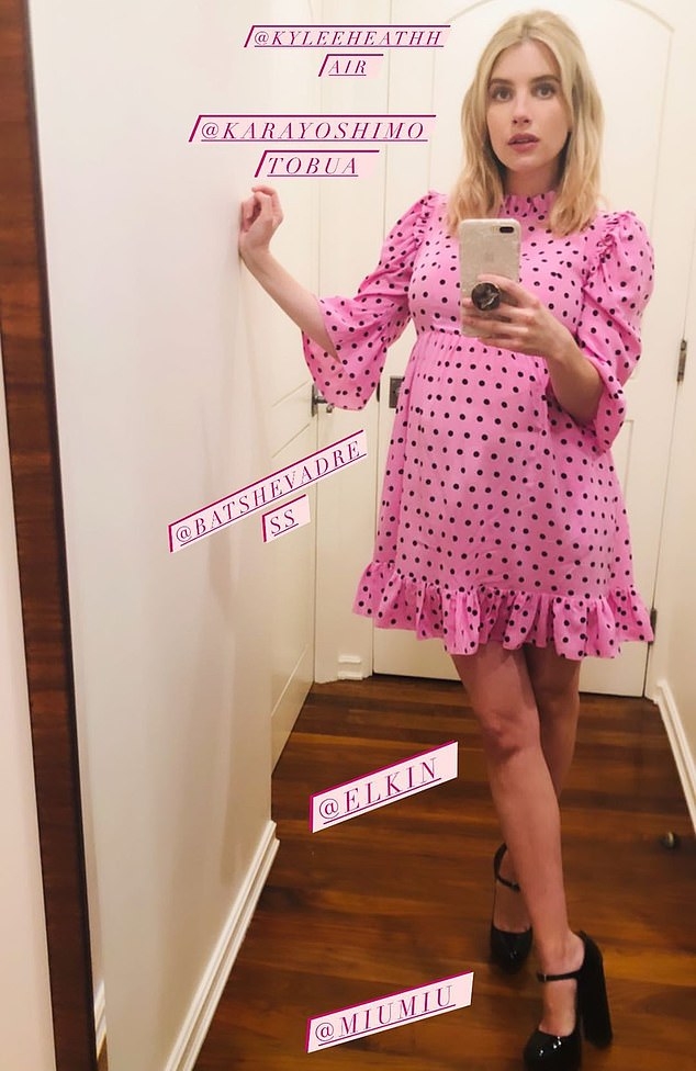 emma-roberts-in-batsheva-dress-showing-her-baby-bump-on-instagram