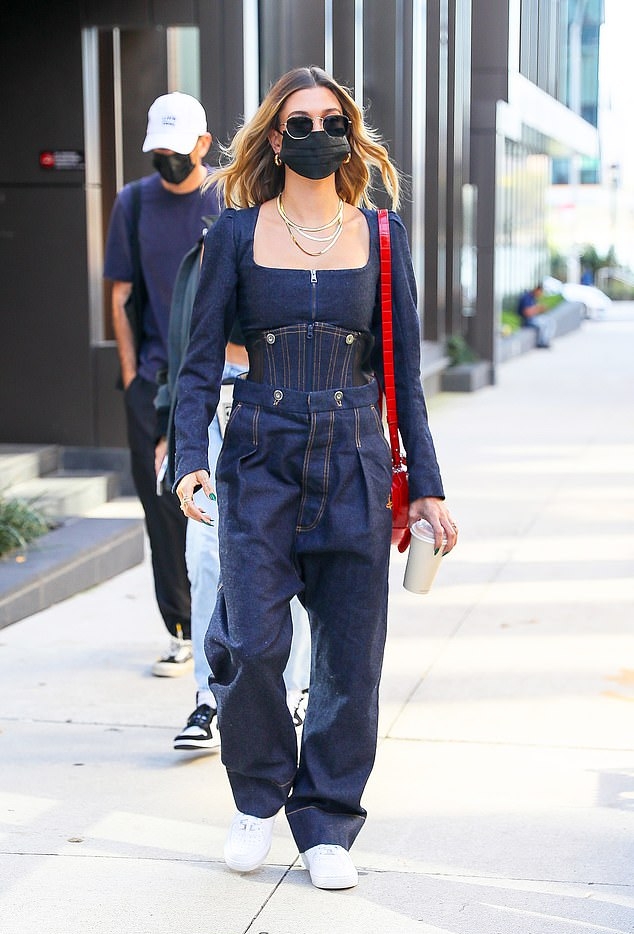 Hailey Baldwin In Vivienne Westwood Denim Outfit Out In New York