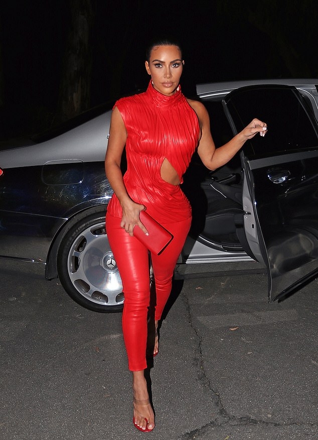 Kim Kardashian  In Red Leather Outfit  Out In Malibu