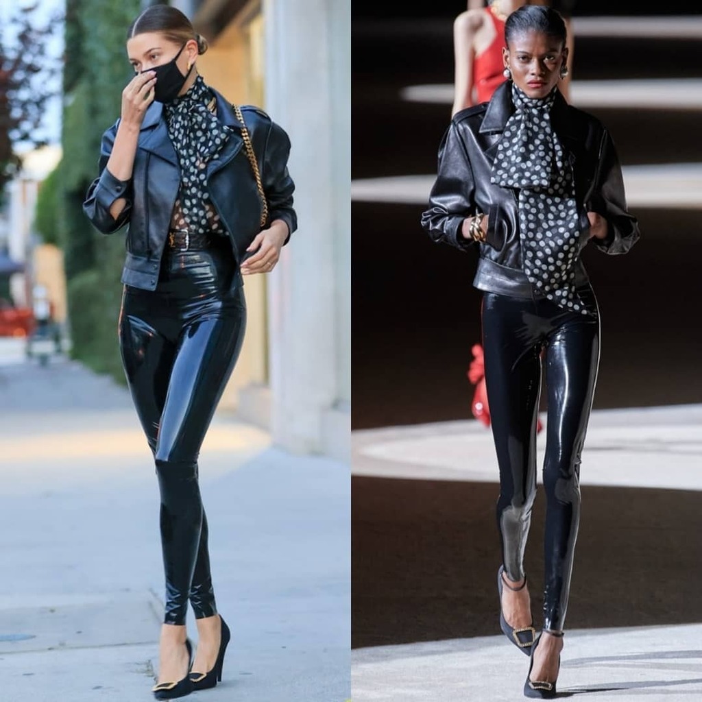 saint laurent lace trimmed velvet minidress, Latex Leggings, Hailey Baldwin  In Saint Laurent Bomber Jacket, & Pumps – Fonjep News