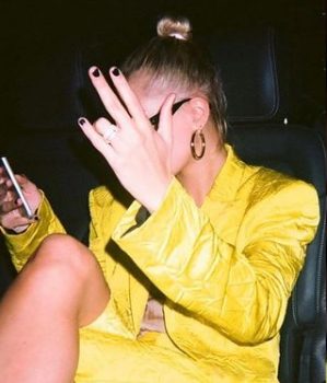 hailey-bieber-wore-boss-yellow-suit-instagram-story