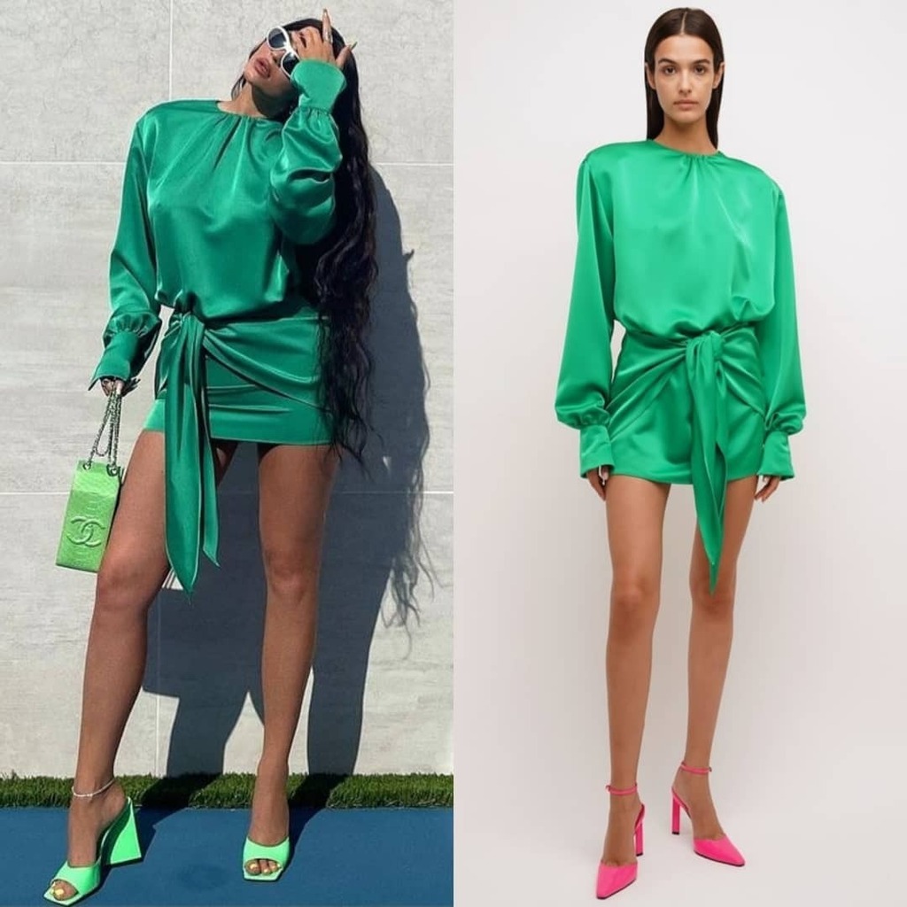 Kylie Jenner wears green mini dress with matching Chanel handbag