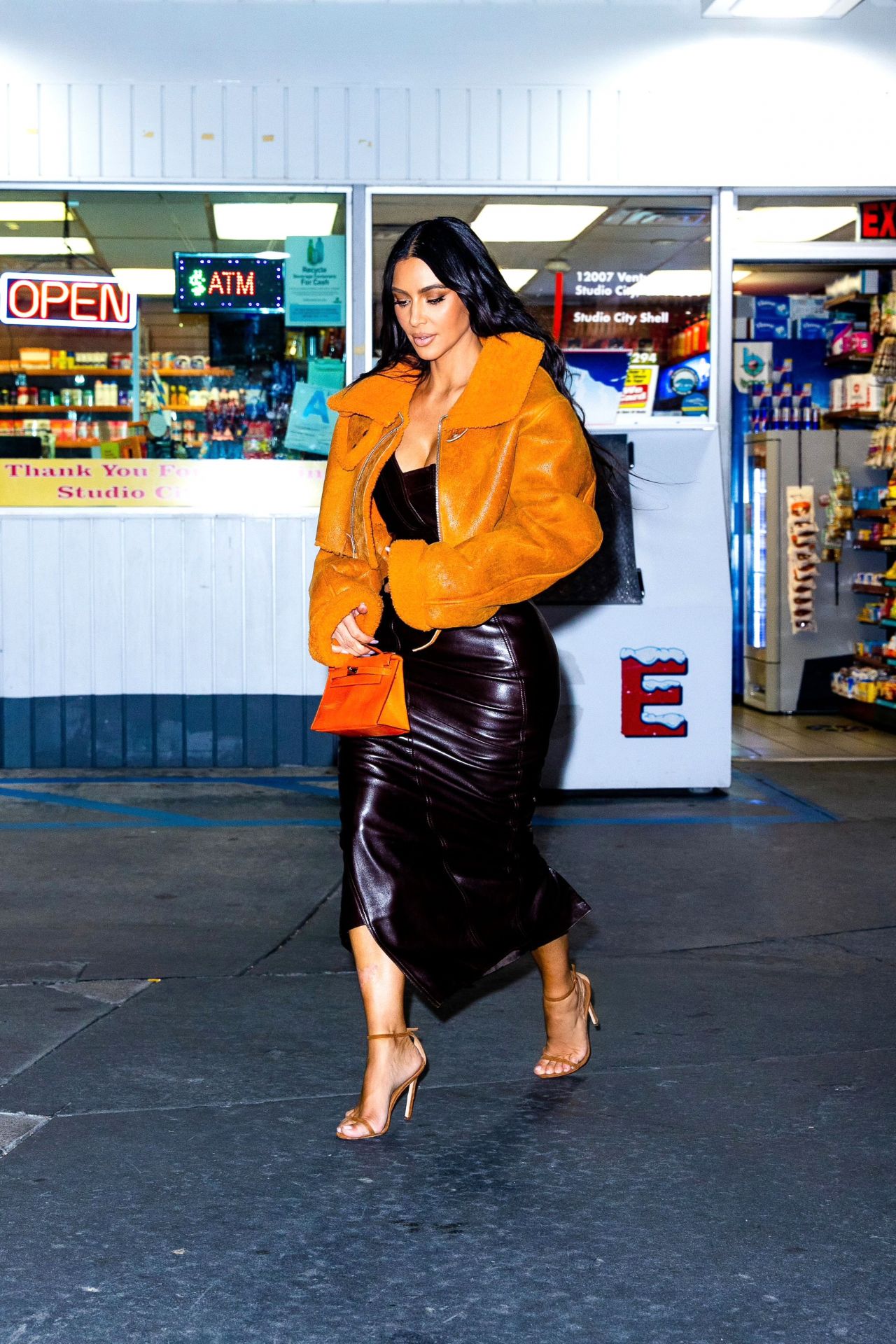 Kim Kardashian Wearing a Vintage 2000 Christian Dior Dress, YEEZY Season 3 Shearling Jacket, Hermes Kelly Mini Handbag and Manolo Blahnik Heels – LA 06/25/2021