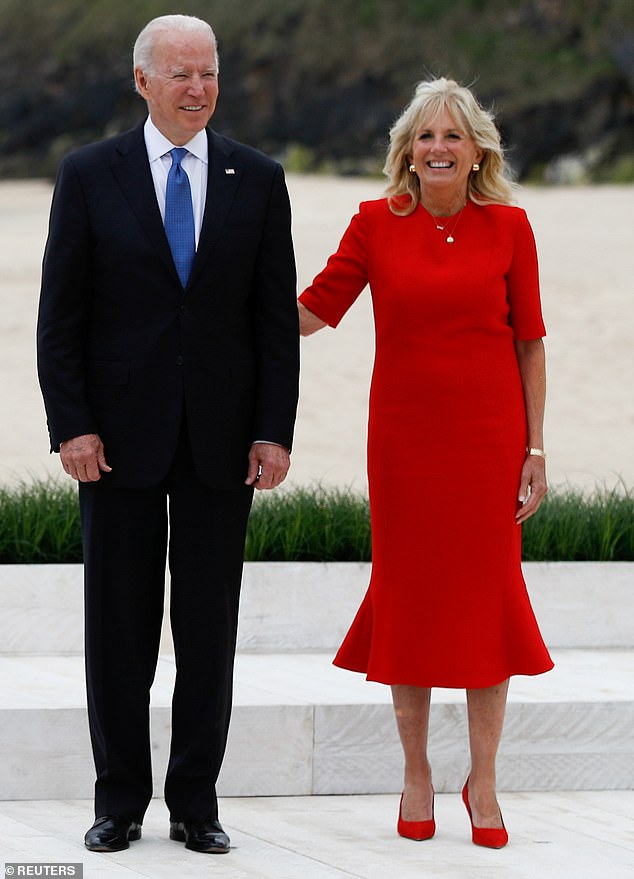 jill-biden-wore-a-red-brandon-maxwell-dress-g7-summit-at-cornish-beach