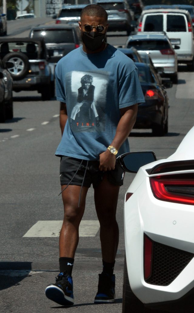Michael B Jordan wears Tina Turner shirt, West Hollywood, California