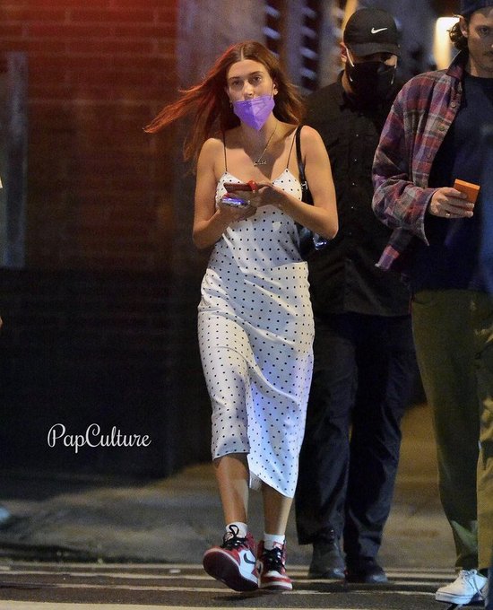 Hailey Bieber Wearing Rodarte Polka- Dot  Dress Out In New York