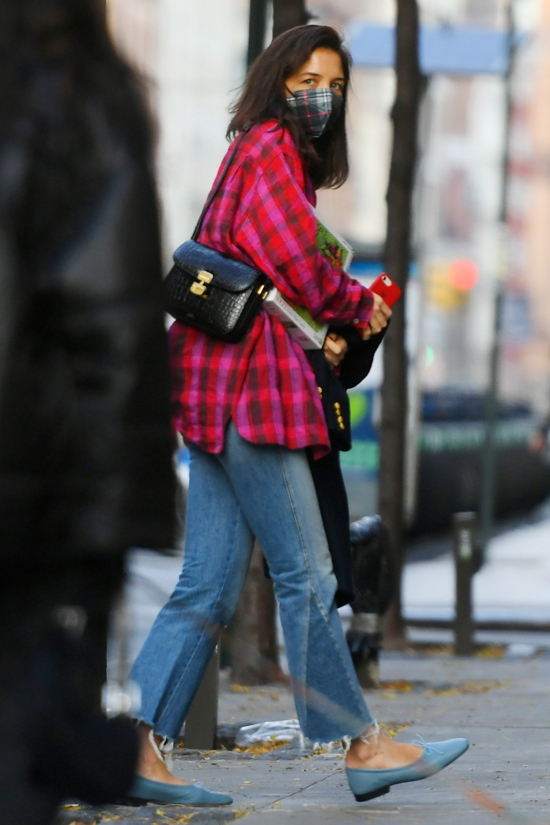 Katie Holmes  wore  Red Plaid Shirt Out In New York City