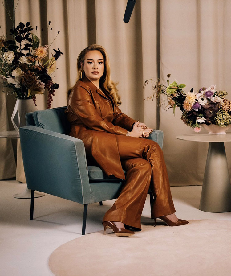 adele brown leather suit