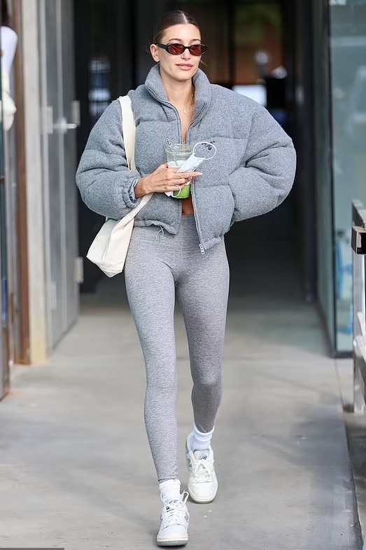 Hailey Bieber  wears Grey Prada Puffer Jacket @ Pilates Class in Los Angeles
