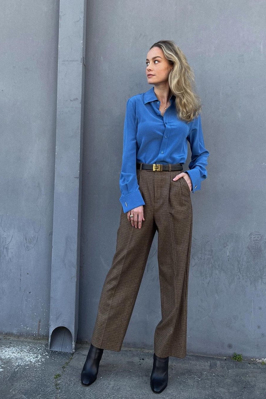 Brie Larson wears Blue Saint Laurent Shirt   @ Instagram February 15, 2022