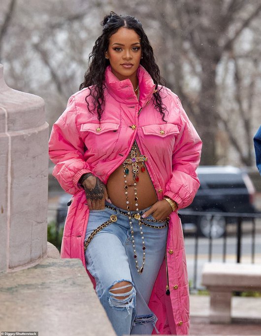 Rihanna wears Pink Chanel Puffer Coat announcing her Pregnancy