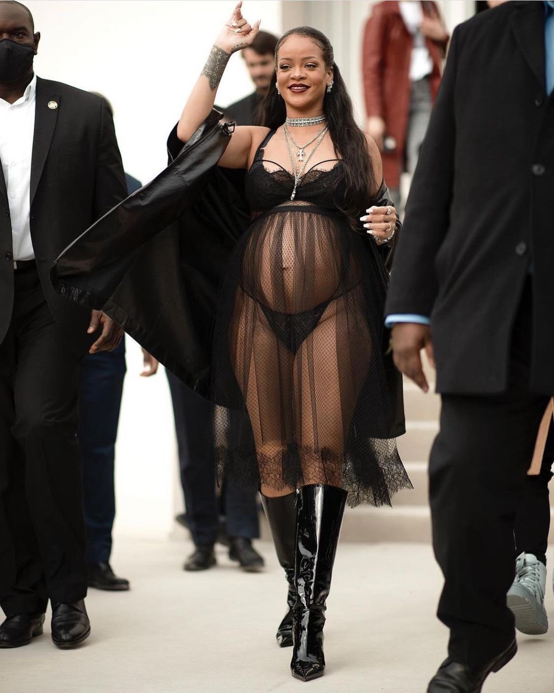 Rihanna  wears Black Sheer Dress arriving to dior fw22 show in paris