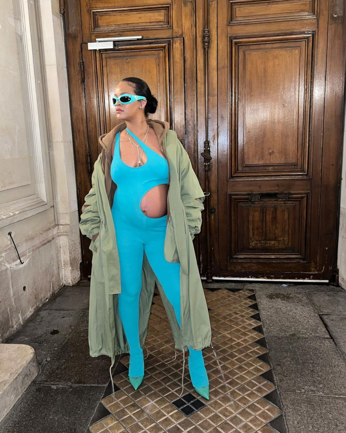Pregnant Rihanna wore  Turquoise  Stella McCartney Jumpsuit
