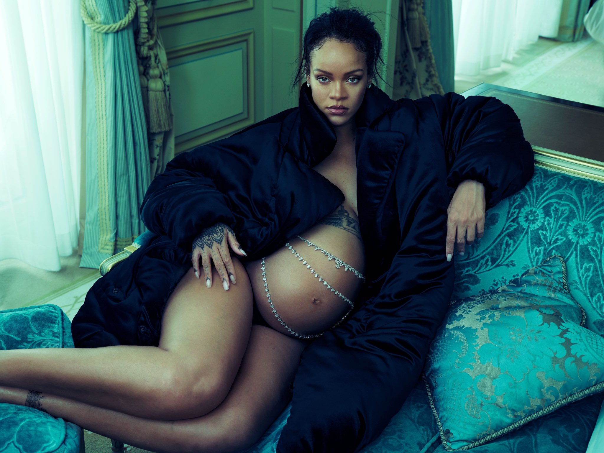 Rihanna wore Saint Laurent by Anthony Vaccarello coat &  Messika belly chains for Vogue US. May Issue