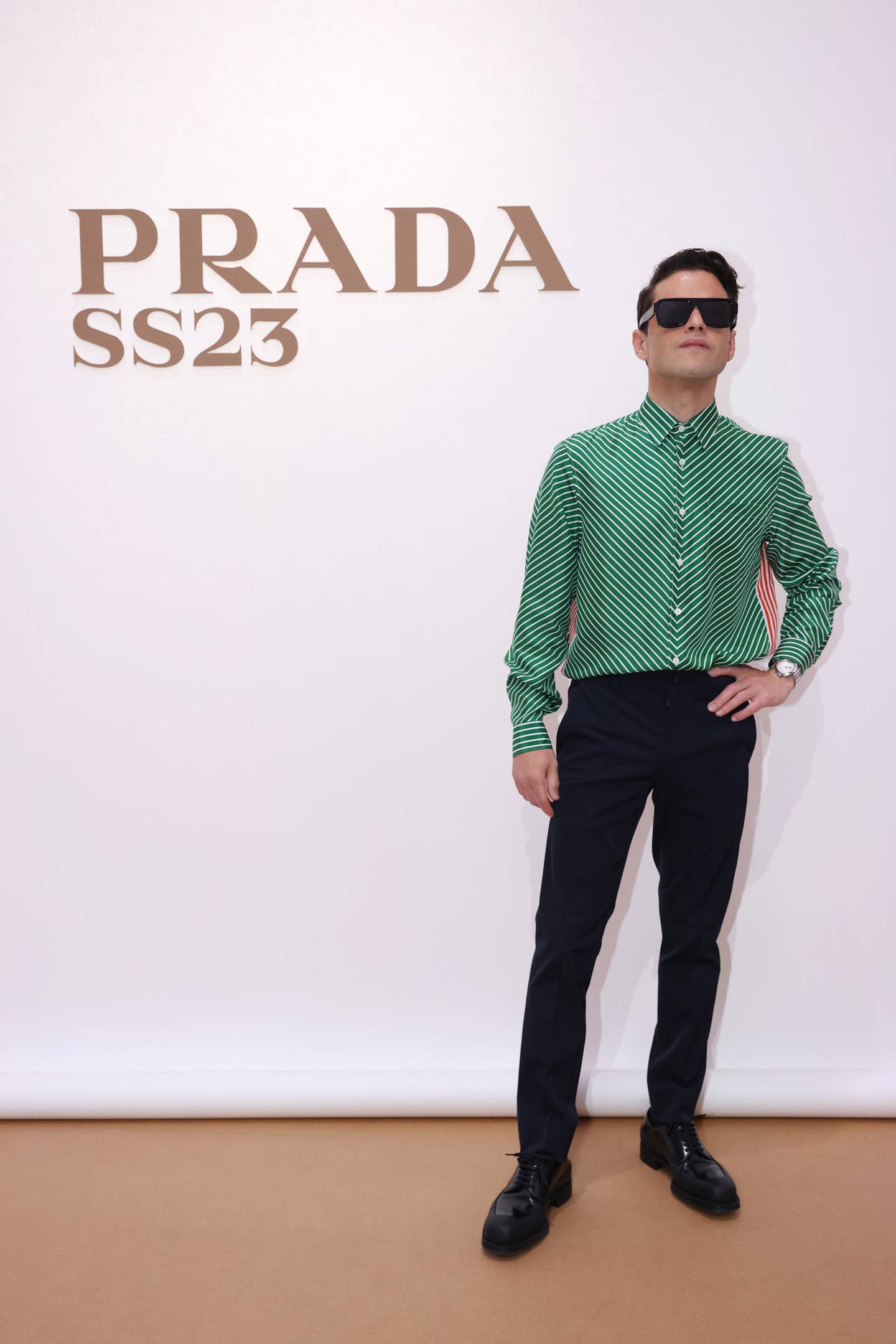 Rami Malek attends the Prada Spring/Summer 2023 Menswear Fin Milan, Italy
