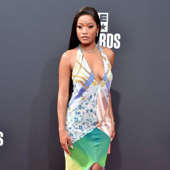 keke-palmer-in-a-silk-multi-print-conner-ives-halter-dress-worn-with-metallic-pumps-and-tiffany-co-jewelry